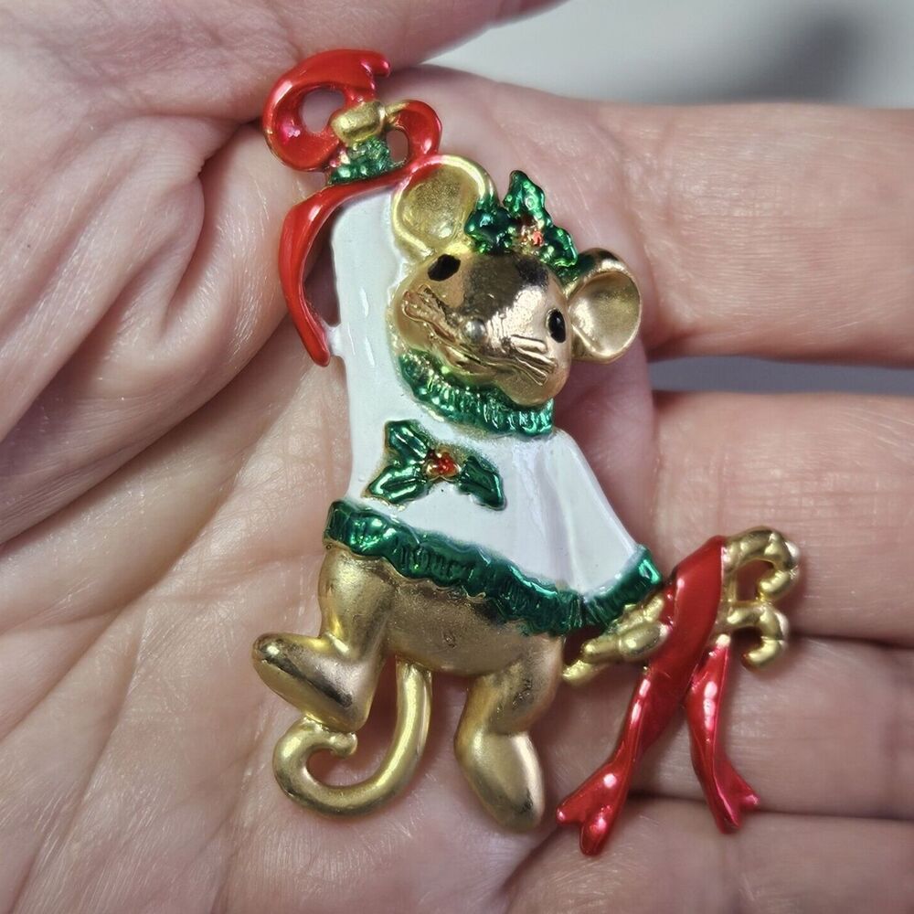 AJC Gold Tone Vintage Green Red White Enamel Holiday Mouse Brooch